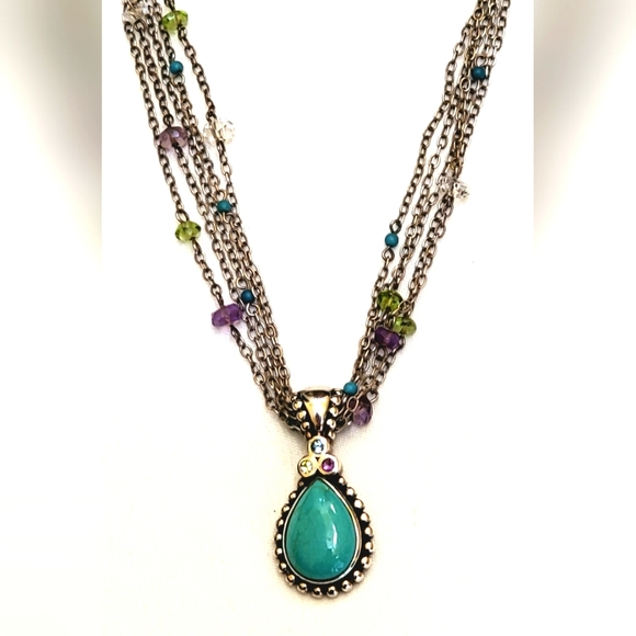 .925 STERLING SILVER 4 STRAND CHAIN WITH STONES AND TURQUOISE PENDANT W/ ACCENTS - Picture 1 of 13